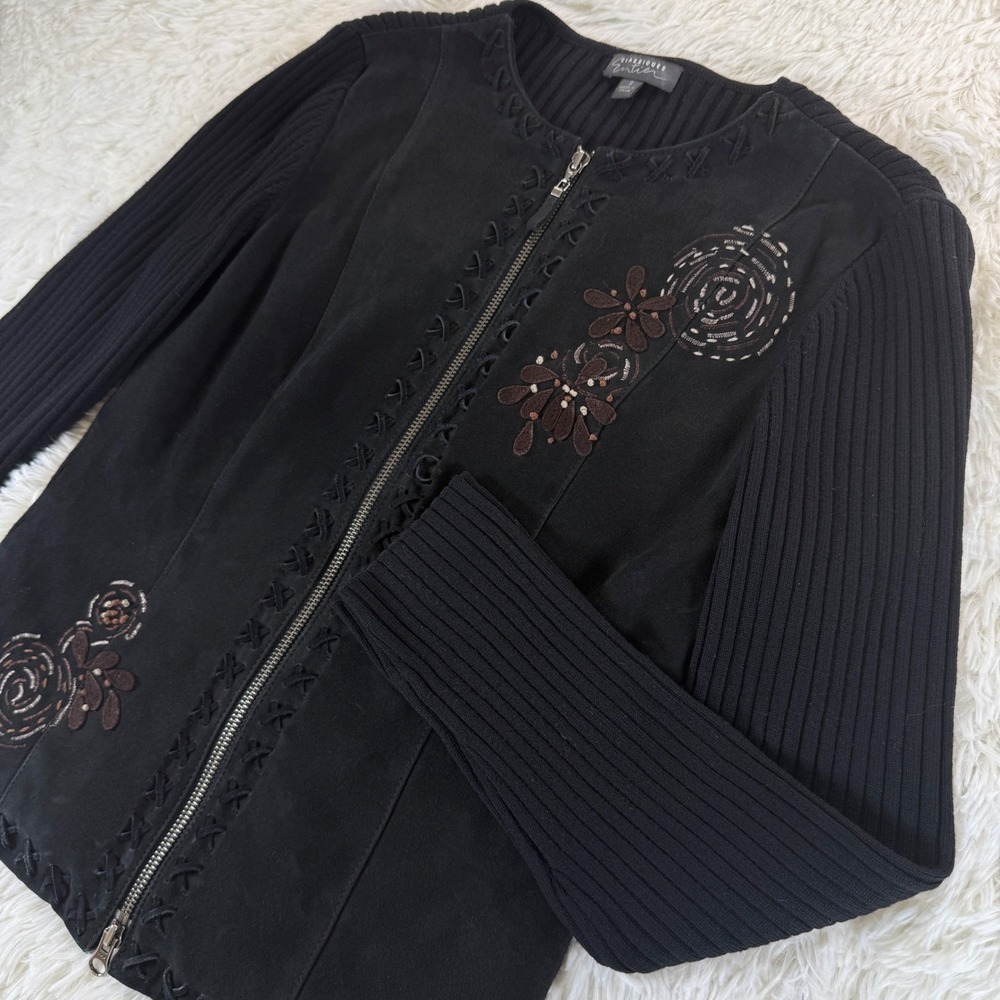 Vintage Classiques Entier‎ Black Leather Suede Knit Embellished Cardigan Small